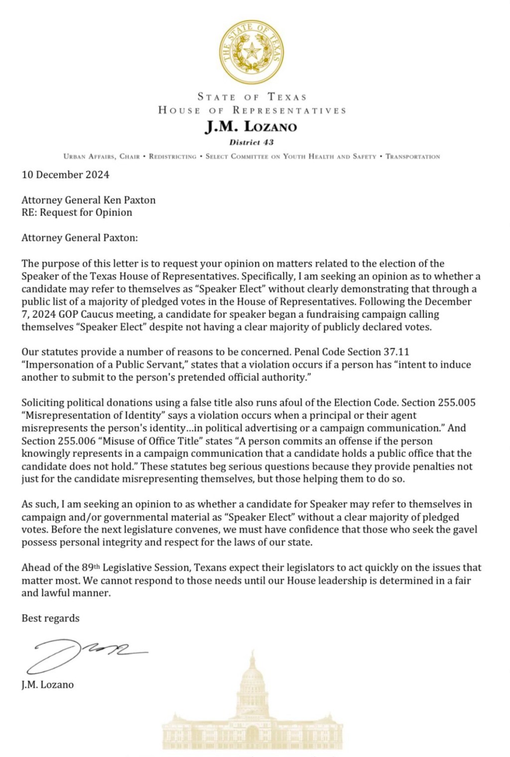 J.M. Lozano’s Letter to Attorney General Ken&nbsp;Paxton